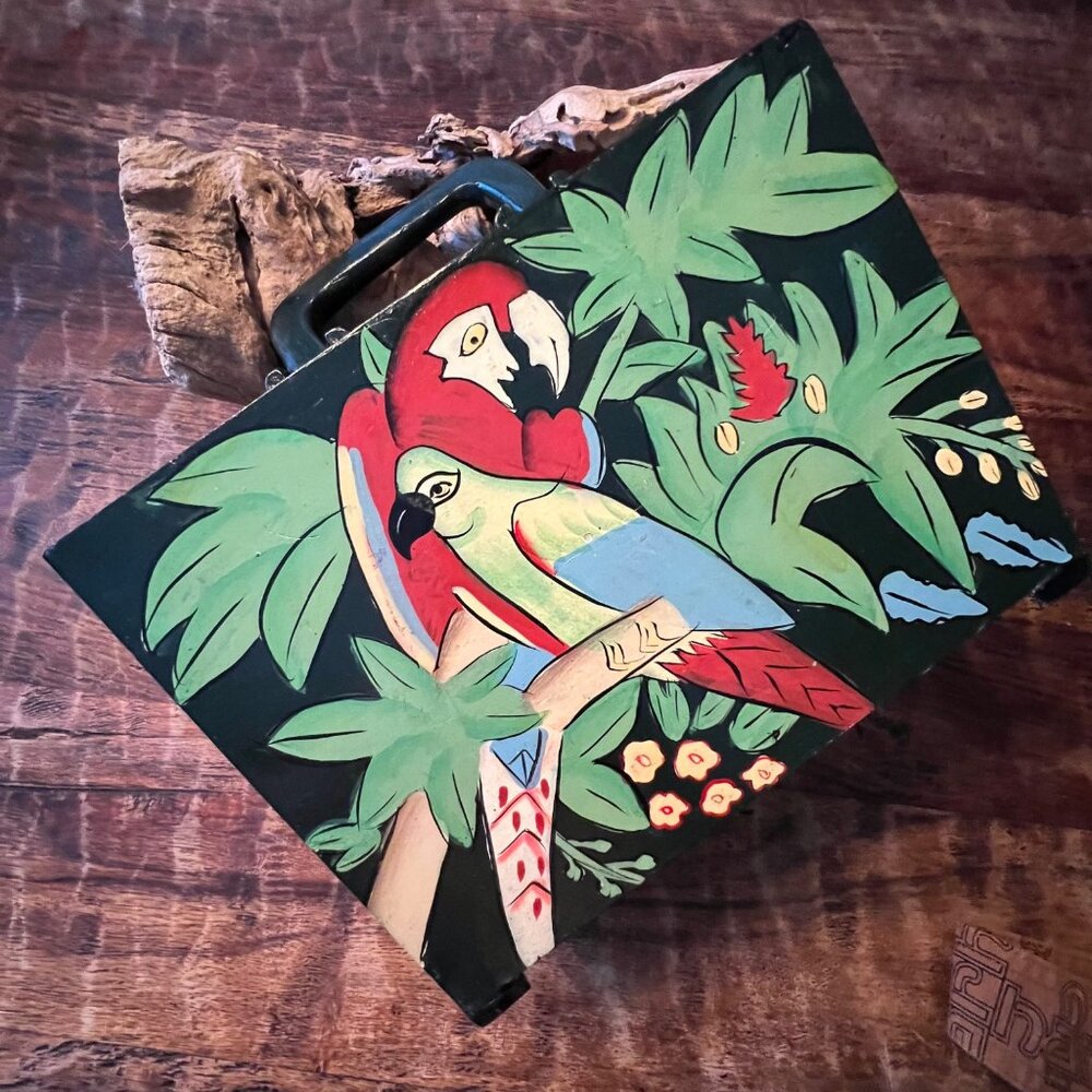 Vintage Hand-Painted Wooden Tropical Handbag With Parrot Motif & Green Handle